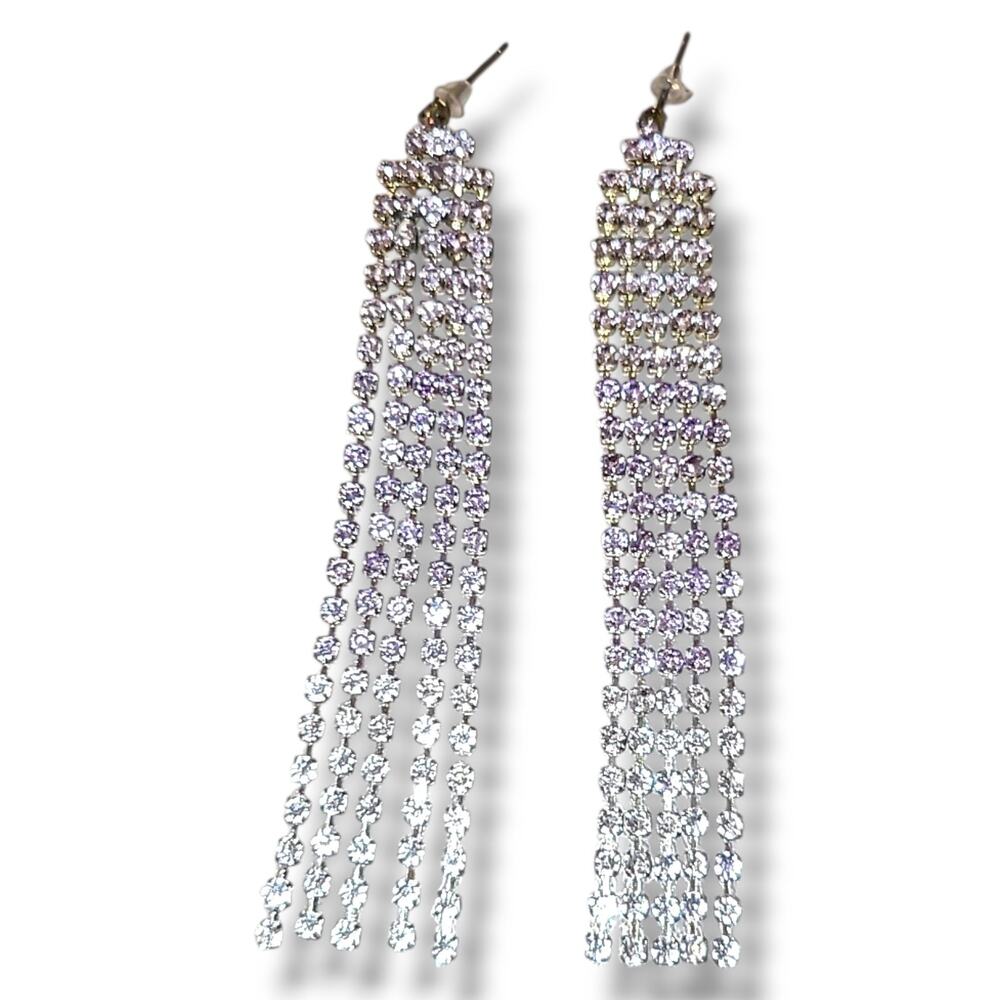 Long Purple & Silver‎ Tone Rhinestone Waterfall Chandelier Dangle Earrings 4" - Picture 6 of 7